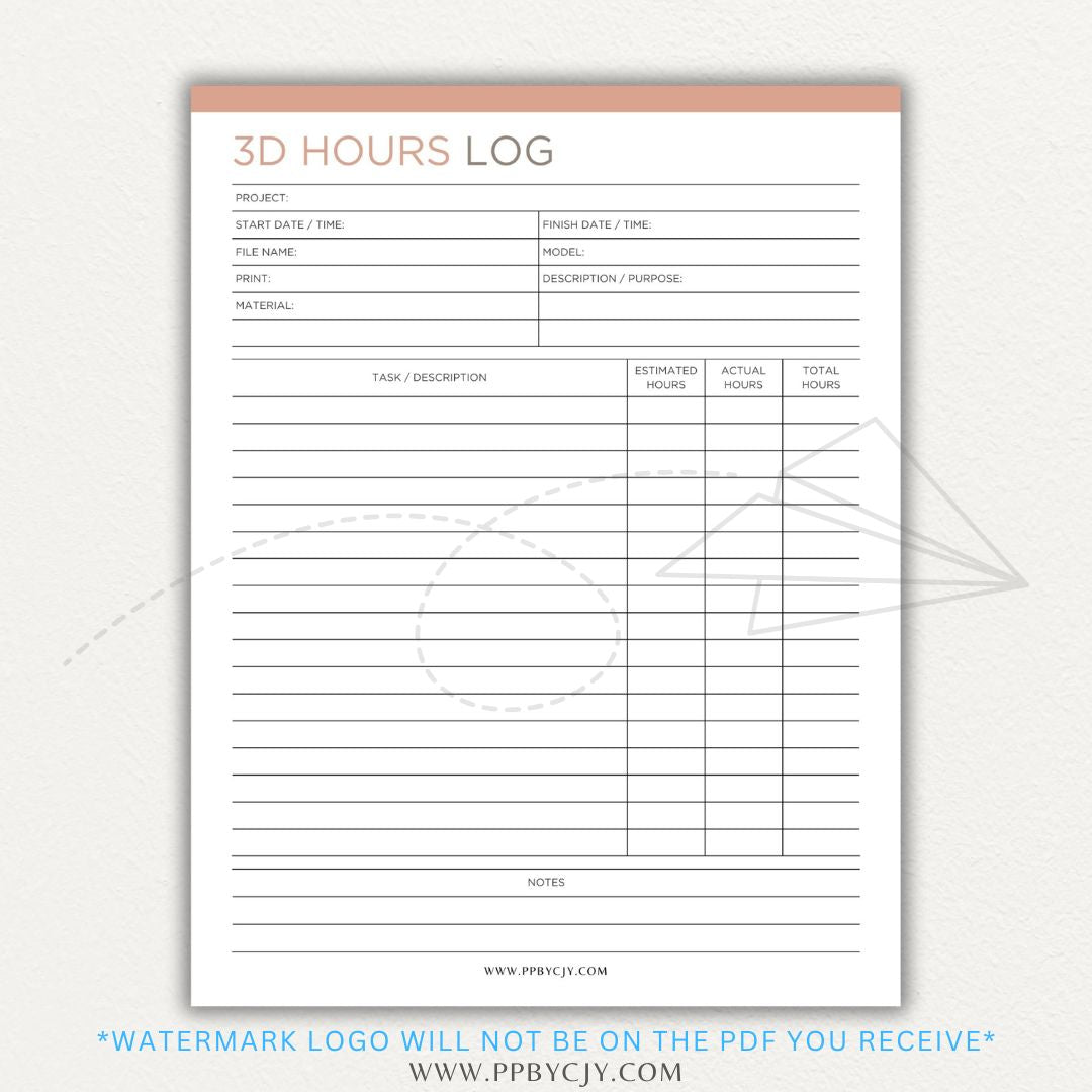 3D Project Hours Log Printable PDF Template for tracking work hours, materials, and project details for 3D printing.

