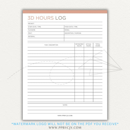 3D Project Hours Log Printable PDF Template for tracking work hours, materials, and project details for 3D printing.

