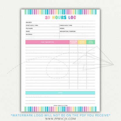 3D Project Hours Log Printable PDF Template for tracking work hours, materials, and project details for 3D printing.

