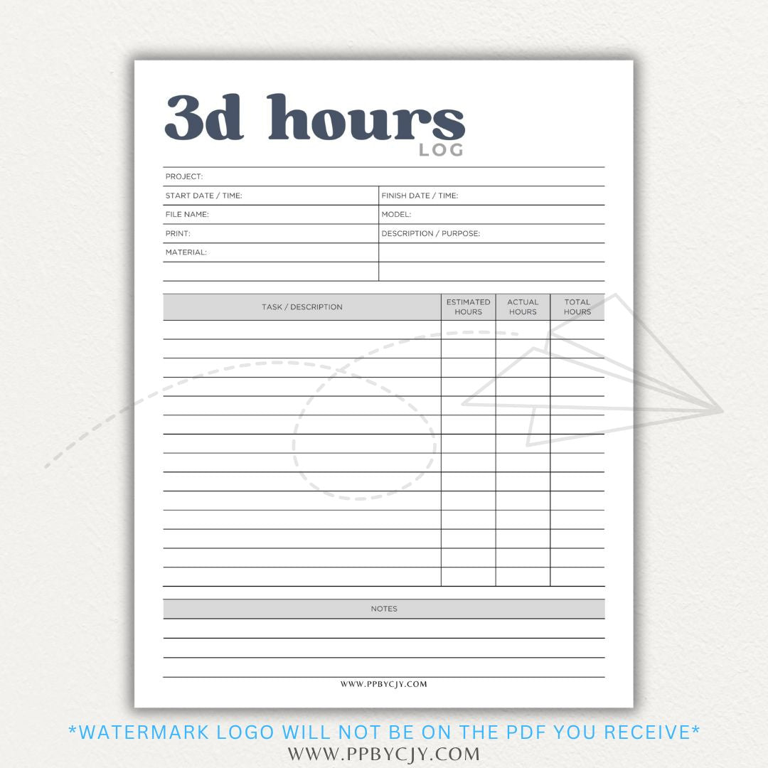 3D Project Hours Log Printable PDF Template for tracking work hours, materials, and project details for 3D printing.

