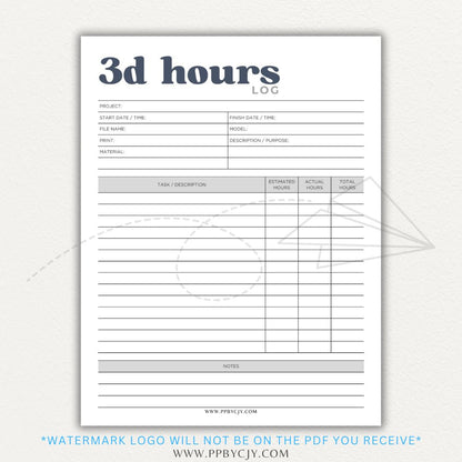 3D Project Hours Log Printable PDF Template for tracking work hours, materials, and project details for 3D printing.

