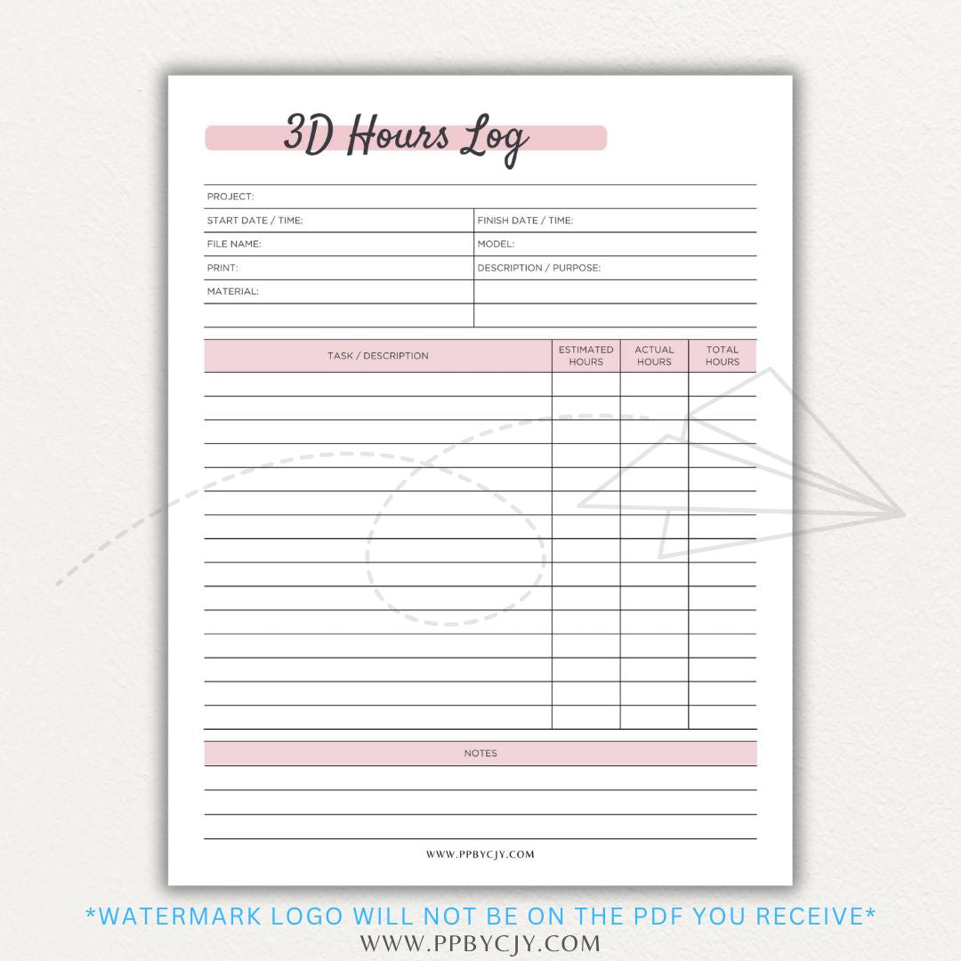 3D Project Hours Log Printable PDF Template for tracking work hours, materials, and project details for 3D printing.

