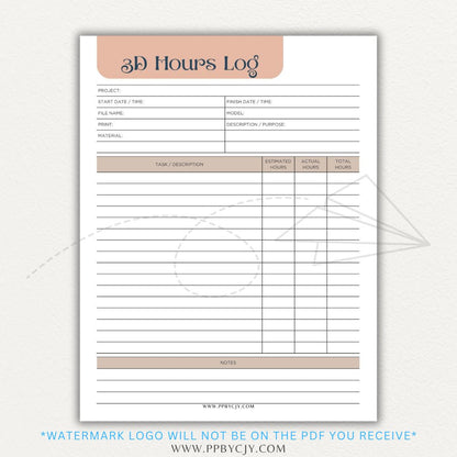 3D Project Hours Log Printable PDF Template for tracking work hours, materials, and project details for 3D printing.

