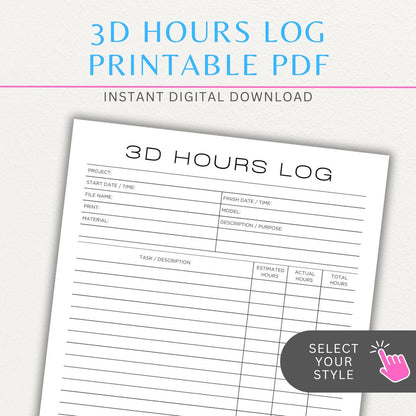 3D Project Hours Log Printable PDF Template for tracking work hours, materials, and project details for 3D printing.

