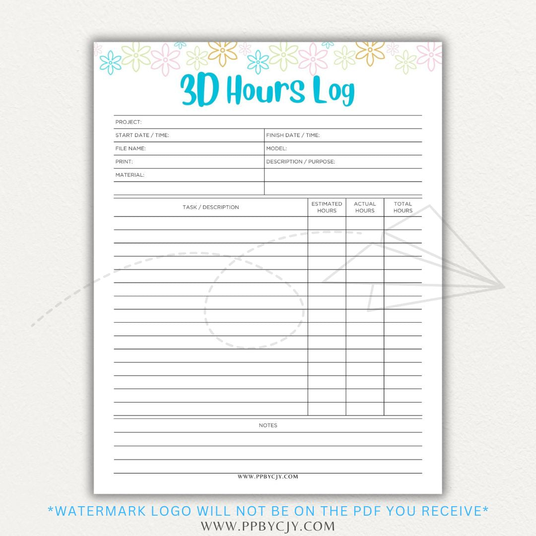 3D Project Hours Log Printable PDF Template for tracking work hours, materials, and project details for 3D printing.

