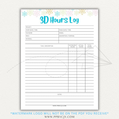 3D Project Hours Log Printable PDF Template for tracking work hours, materials, and project details for 3D printing.

