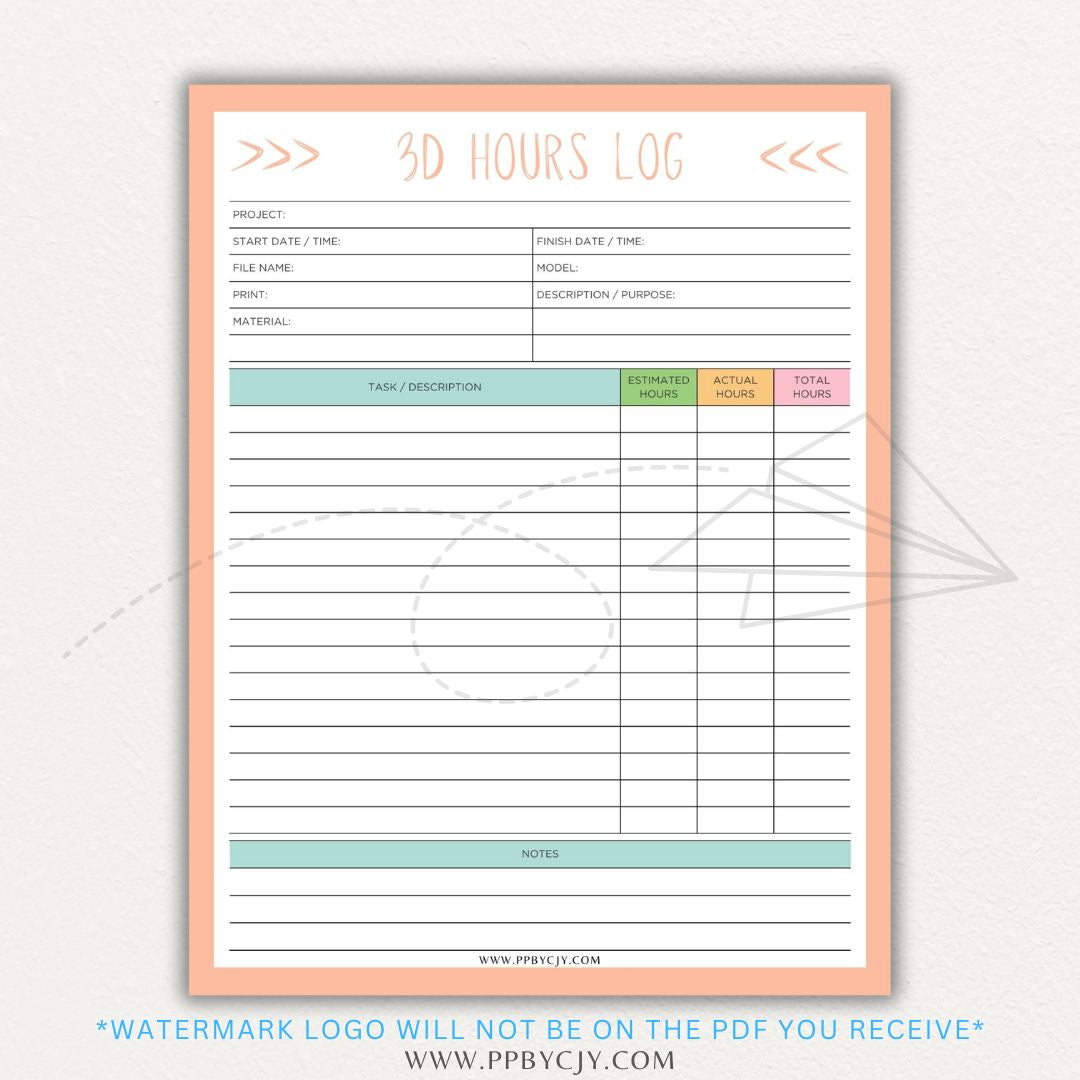 3D Project Hours Log Printable PDF Template for tracking work hours, materials, and project details for 3D printing.

