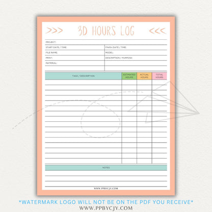 3D Project Hours Log Printable PDF Template for tracking work hours, materials, and project details for 3D printing.

