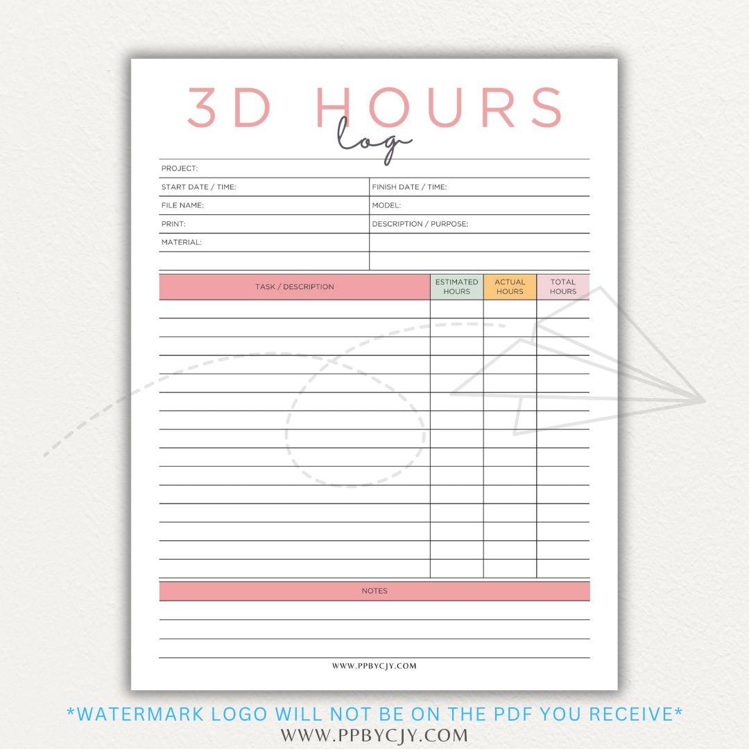 3D Project Hours Log Printable PDF Template for tracking work hours, materials, and project details for 3D printing.

