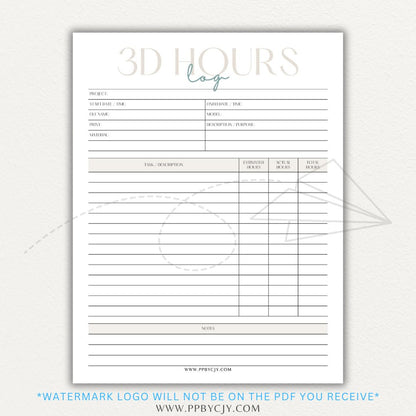 3D Project Hours Log Printable PDF Template for tracking work hours, materials, and project details for 3D printing.

