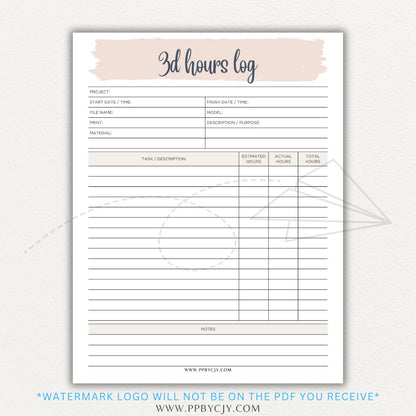 3D Project Hours Log Printable PDF Template for tracking work hours, materials, and project details for 3D printing.

