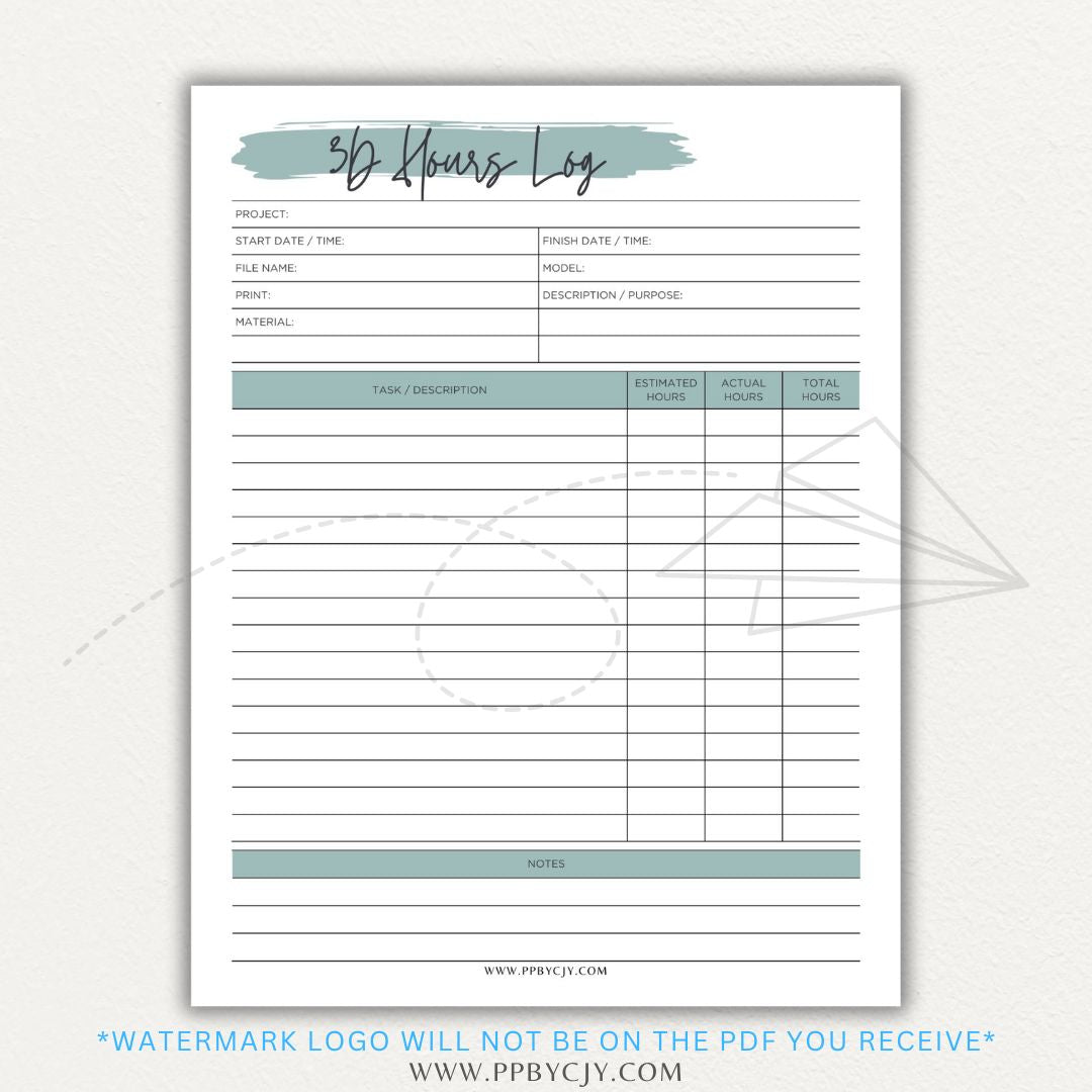 3D Project Hours Log Printable PDF Template for tracking work hours, materials, and project details for 3D printing.

