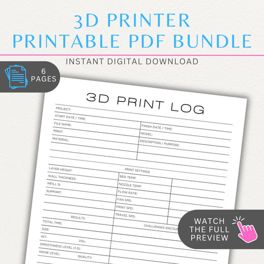 3D printer printable PDF bundle with pages for hour log, print log, failure log, printer info, and maintenance tracking.

