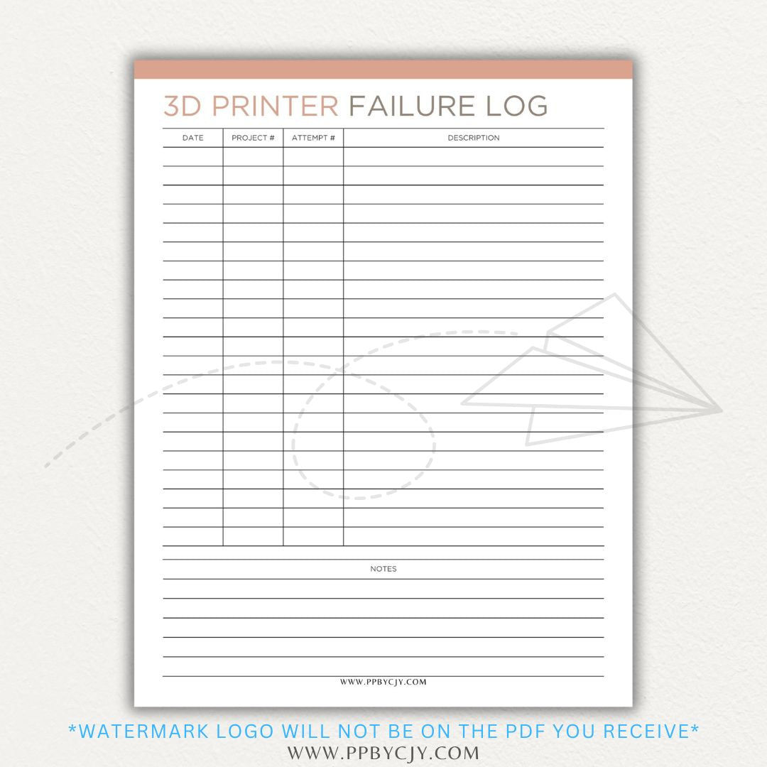 3D Printer Failure Log Printable PDF Template with sections for print errors, troubleshooting steps, and solutions