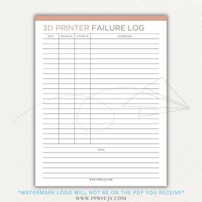 3D Printer Failure Log Printable PDF Template with sections for print errors, troubleshooting steps, and solutions