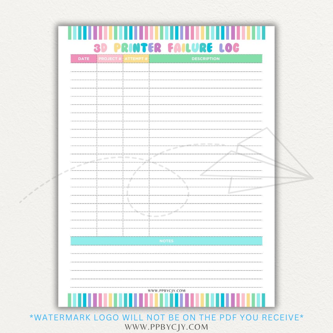 3D Printer Failure Log Printable PDF Template with sections for print errors, troubleshooting steps, and solutions