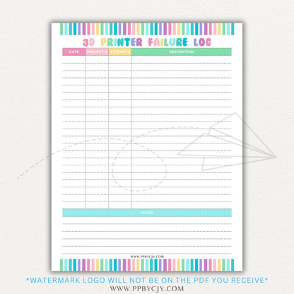 3D Printer Failure Log Printable PDF Template with sections for print errors, troubleshooting steps, and solutions