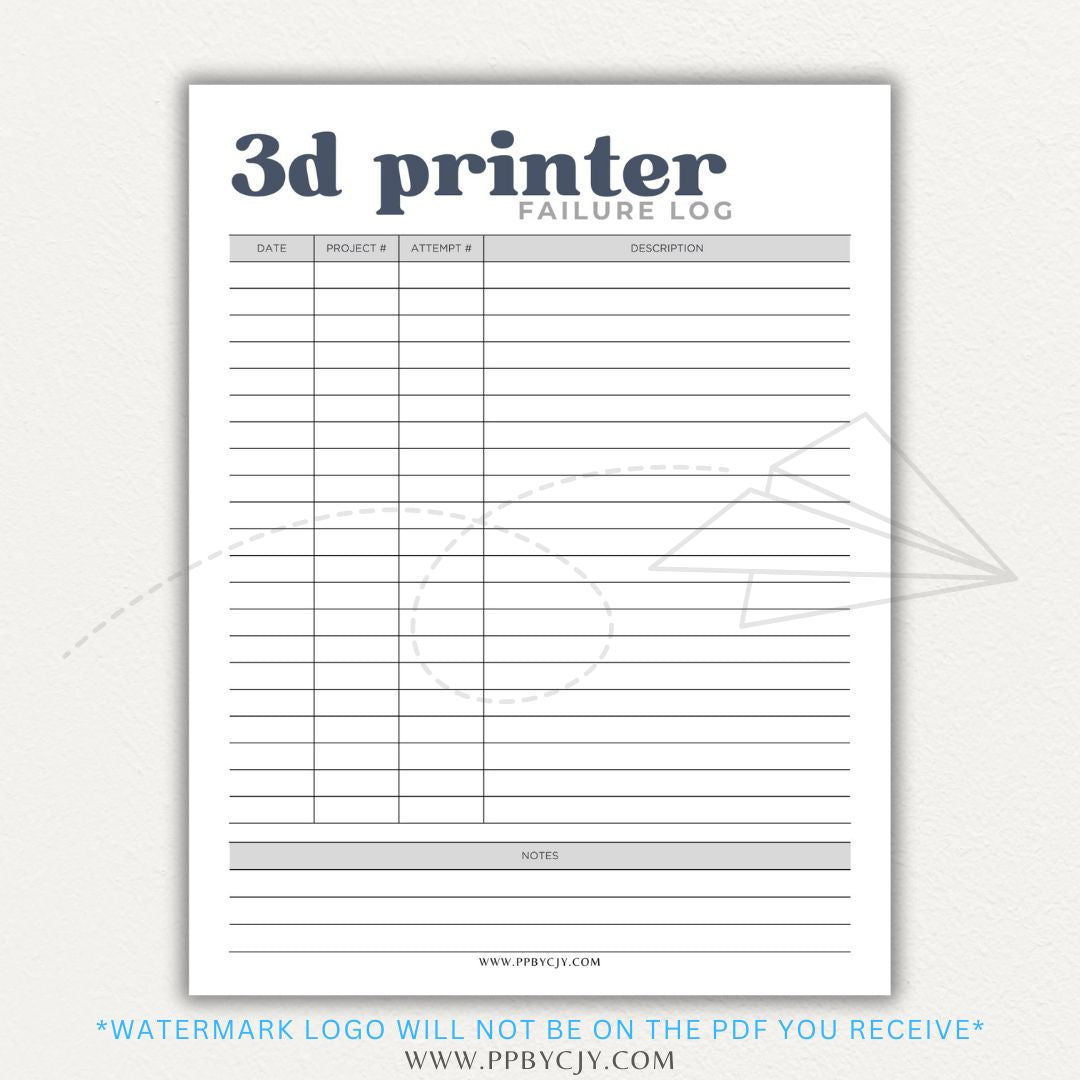 3D Printer Failure Log Printable PDF Template with sections for print errors, troubleshooting steps, and solutions