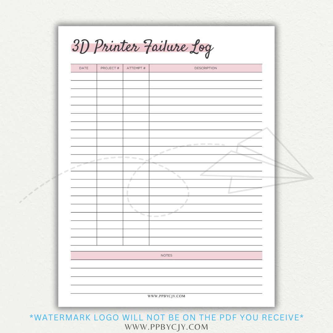 3D Printer Failure Log Printable PDF Template with sections for print errors, troubleshooting steps, and solutions