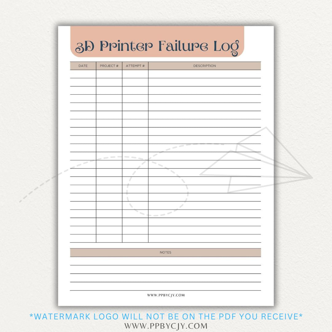 3D Printer Failure Log Printable PDF Template