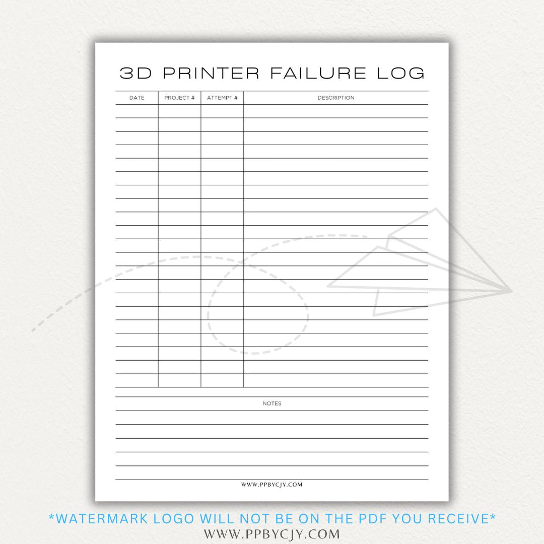 3D Printer Failure Log Printable PDF Template with sections for print errors, troubleshooting steps, and solutions