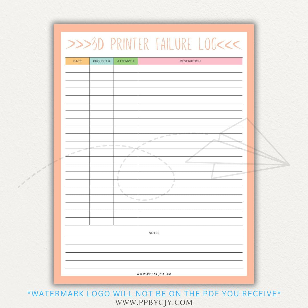 3D Printer Failure Log Printable PDF Template with sections for print errors, troubleshooting steps, and solutions