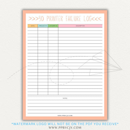 3D Printer Failure Log Printable PDF Template with sections for print errors, troubleshooting steps, and solutions