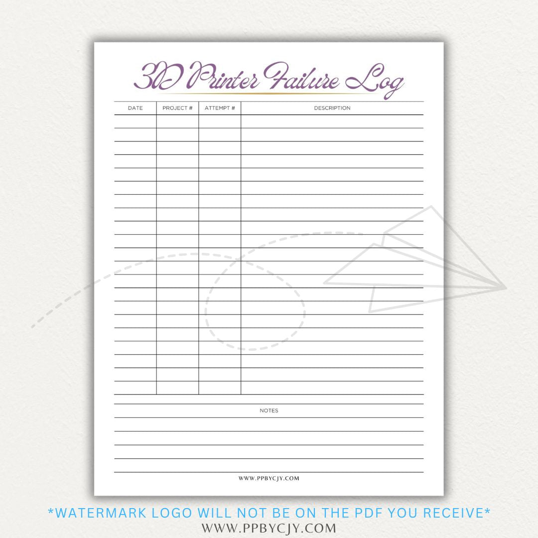 3D Printer Failure Log Printable PDF Template with sections for print errors, troubleshooting steps, and solutions