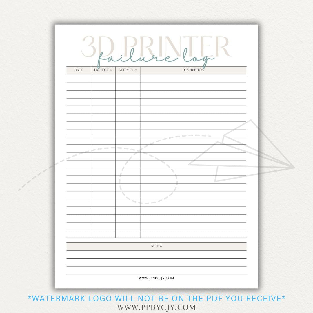 3D Printer Failure Log Printable PDF Template with sections for print errors, troubleshooting steps, and solutions