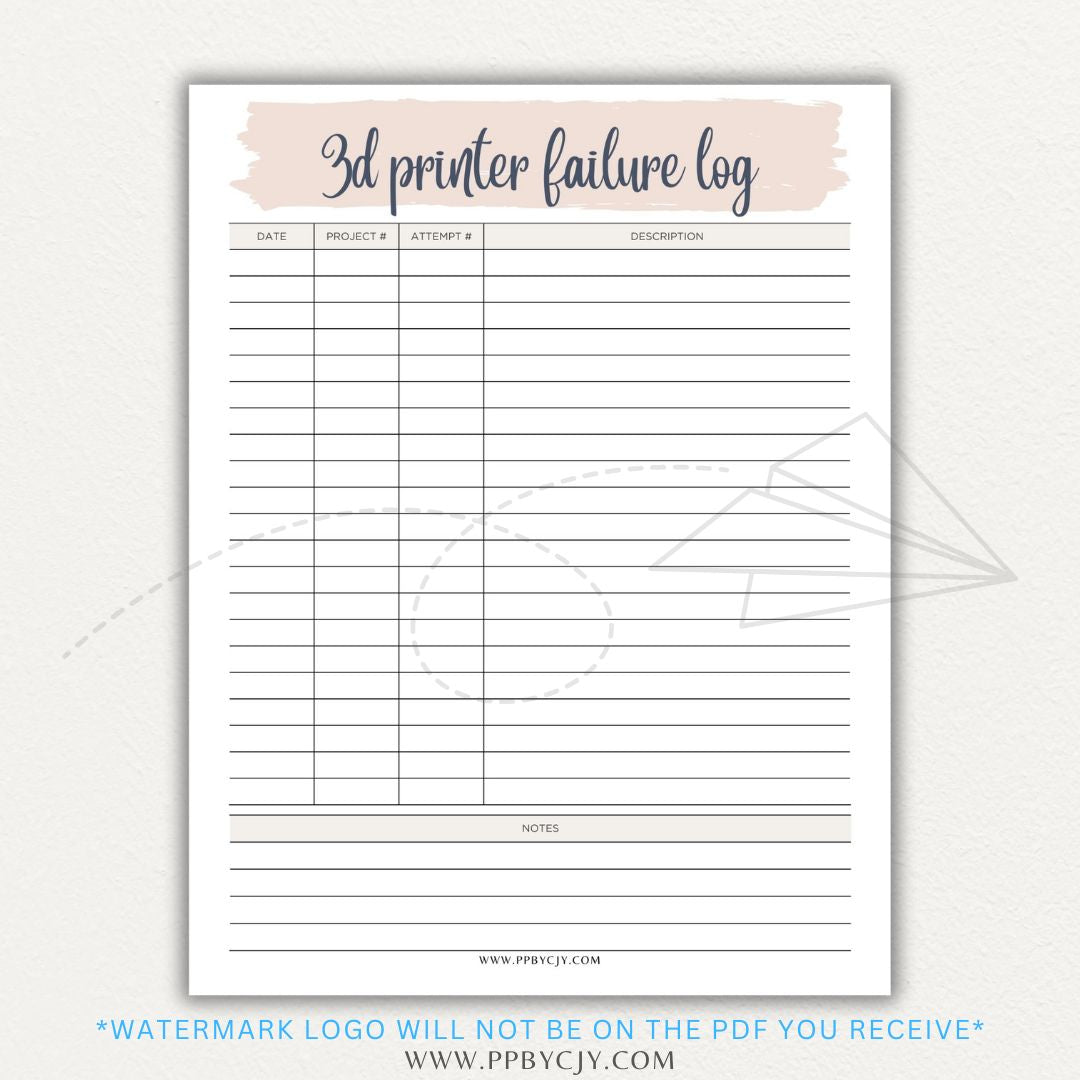 3D Printer Failure Log Printable PDF Template with sections for print errors, troubleshooting steps, and solutions