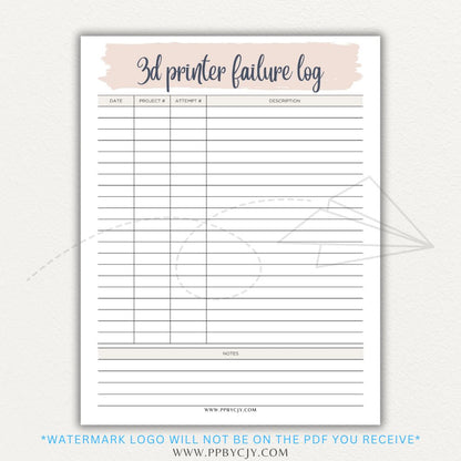 3D Printer Failure Log Printable PDF Template with sections for print errors, troubleshooting steps, and solutions