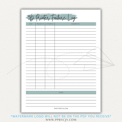 3D Printer Failure Log Printable PDF Template with sections for print errors, troubleshooting steps, and solutions