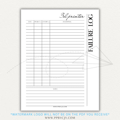 3D Printer Failure Log Printable PDF Template with sections for print errors, troubleshooting steps, and solutions