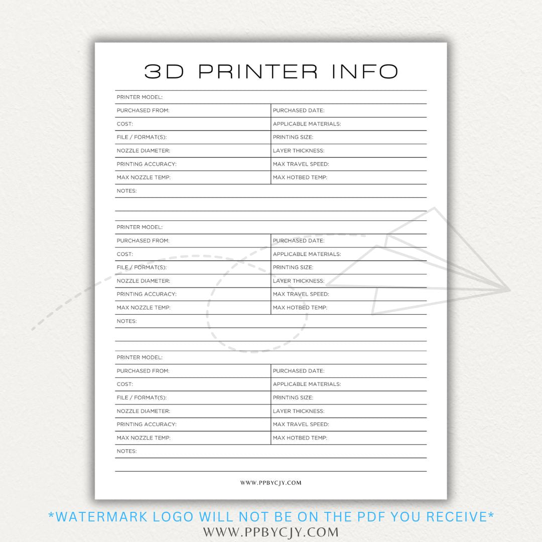 3D Printer Information Printable PDF Template for tracking printer details.

