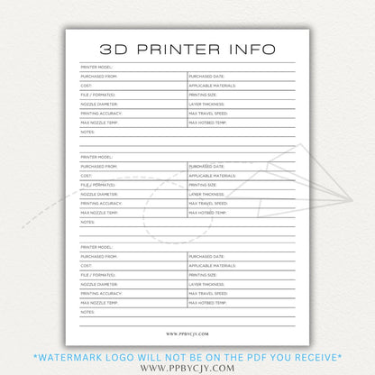 3D Printer Information Printable PDF Template for tracking printer details.

