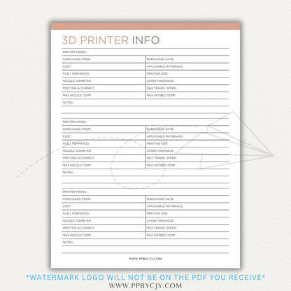 3D Printer Information Printable PDF Template for tracking printer details.

