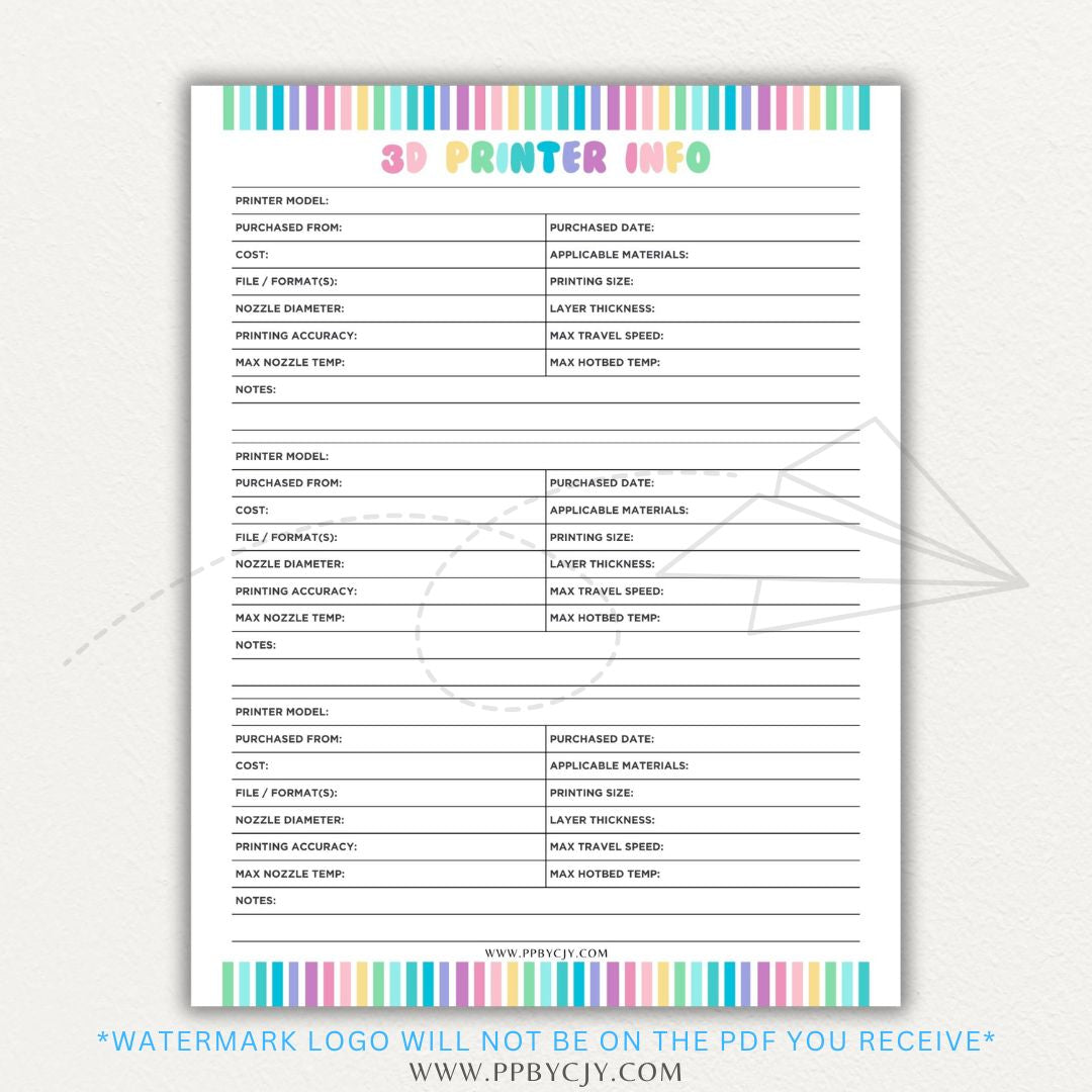 3D Printer Information Printable PDF Template for tracking printer details.

