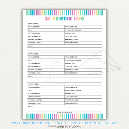 3D Printer Information Printable PDF Template for tracking printer details.

