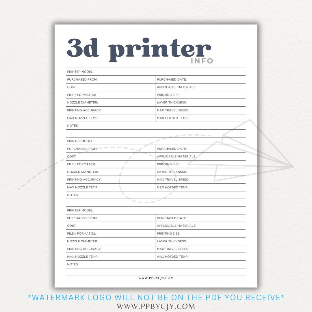 3D Printer Information Printable PDF Template for tracking printer details.

