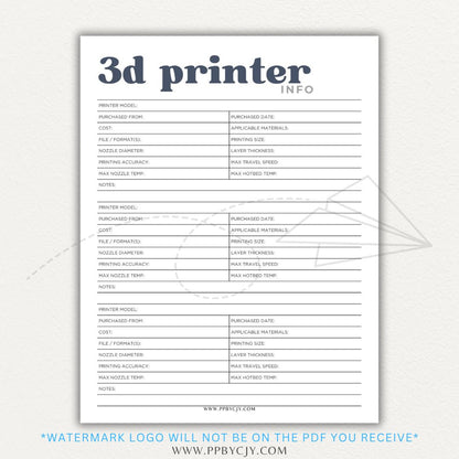 3D Printer Information Printable PDF Template for tracking printer details.

