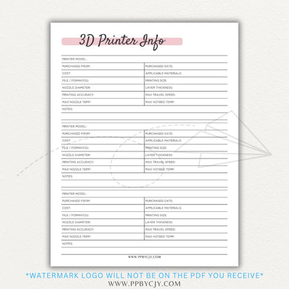 3D Printer Information Printable PDF Template for tracking printer details.

