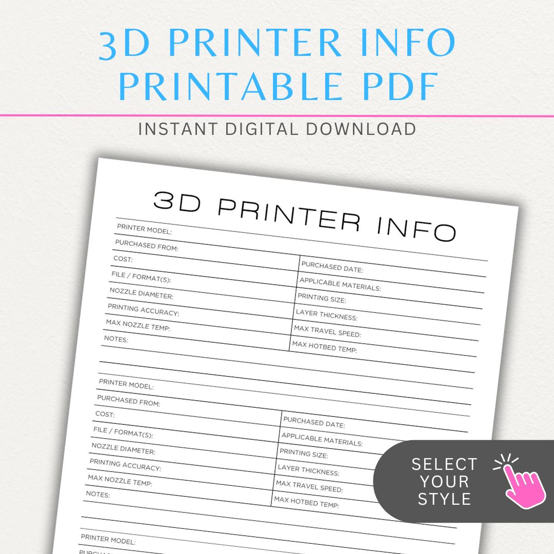 3D Printer Information Printable PDF Template for tracking printer details.

