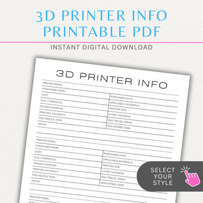 3D Printer Information Printable PDF Template for tracking printer details.

