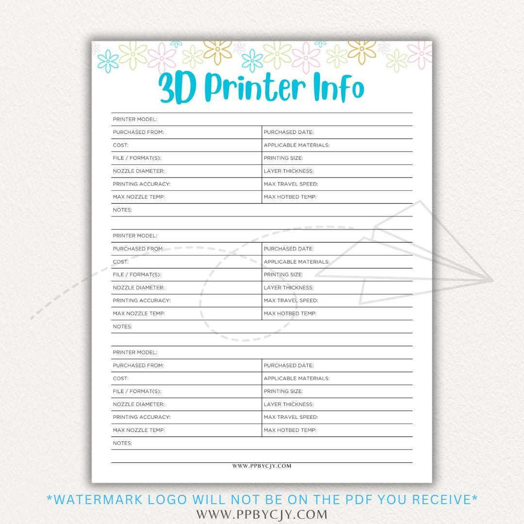 3D Printer Information Printable PDF Template for tracking printer details.

