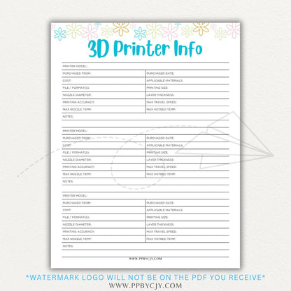 3D Printer Information Printable PDF Template for tracking printer details.

