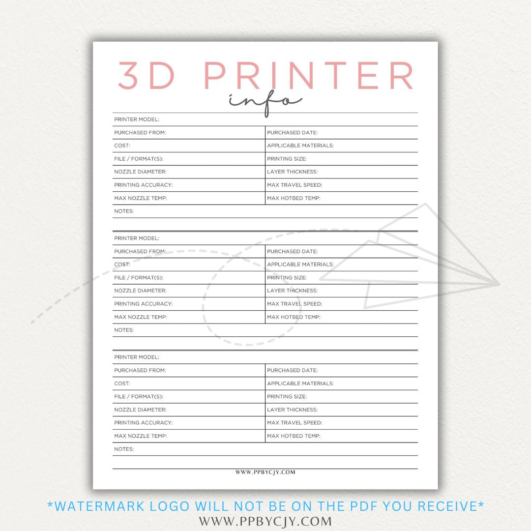 3D Printer Information Printable PDF Template for tracking printer details.

