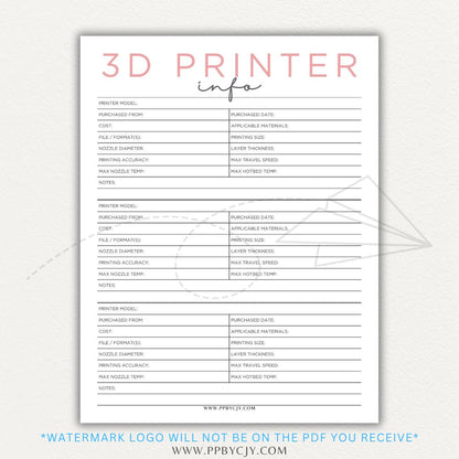 3D Printer Information Printable PDF Template for tracking printer details.

