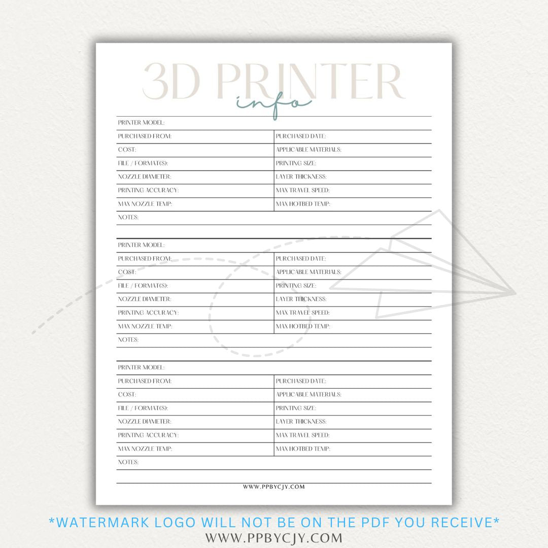 3D Printer Information Printable PDF Template for tracking printer details.

