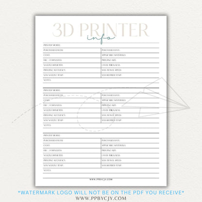 3D Printer Information Printable PDF Template for tracking printer details.

