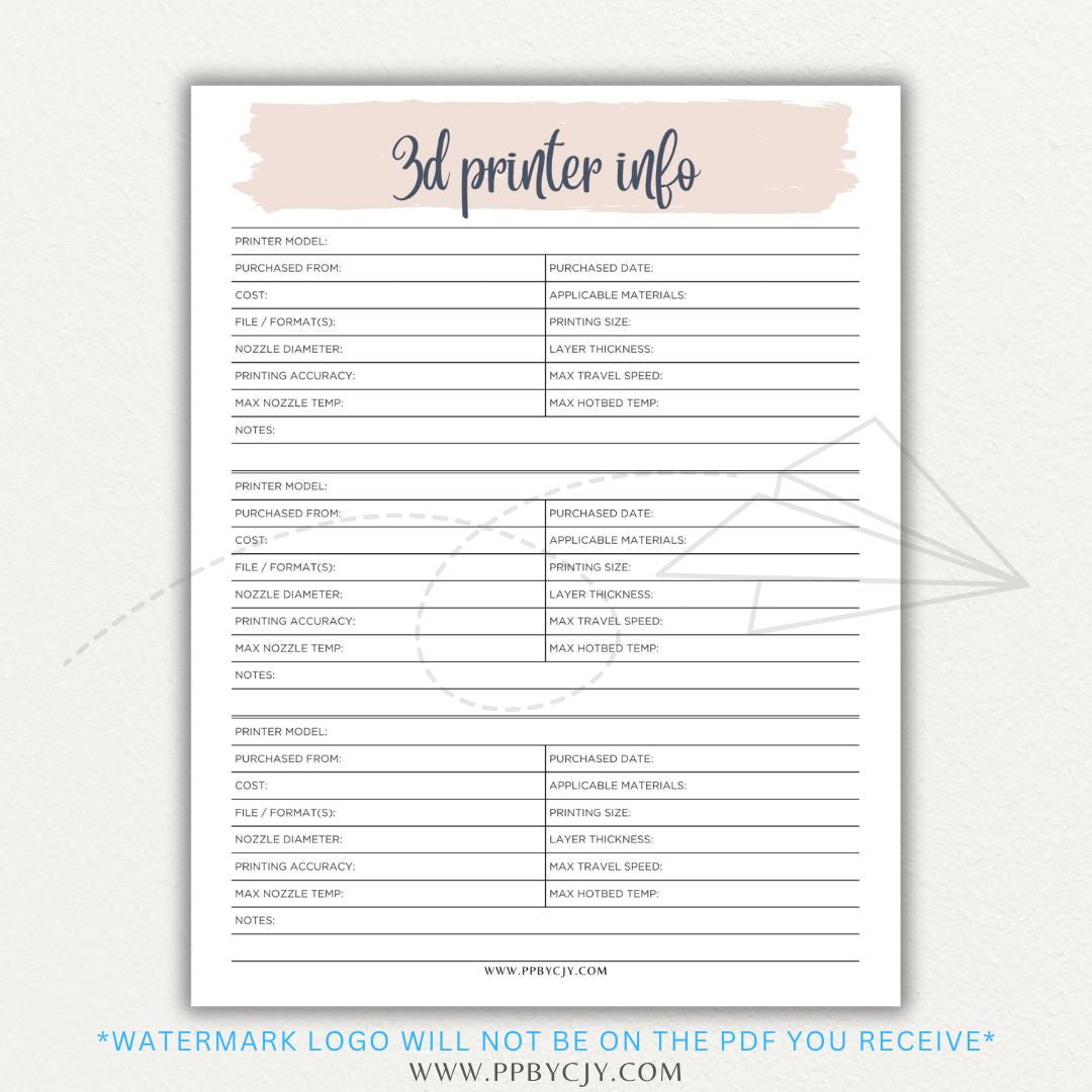 3D Printer Information Printable PDF Template for tracking printer details.

